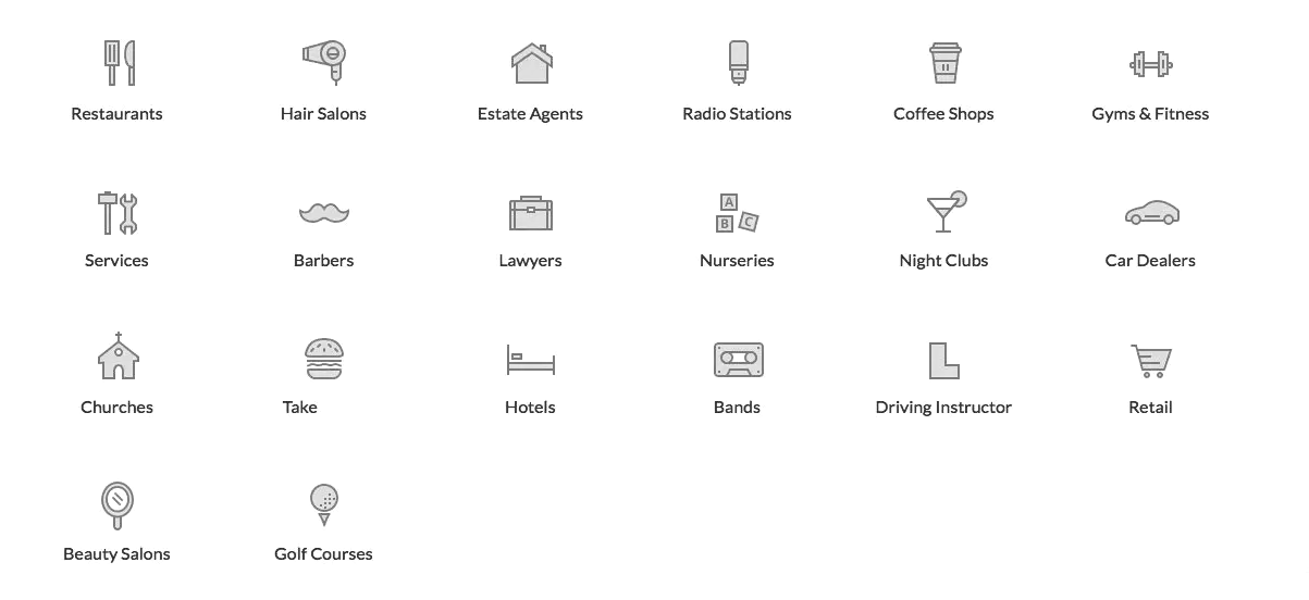 A set of black and white icons on a white background.
