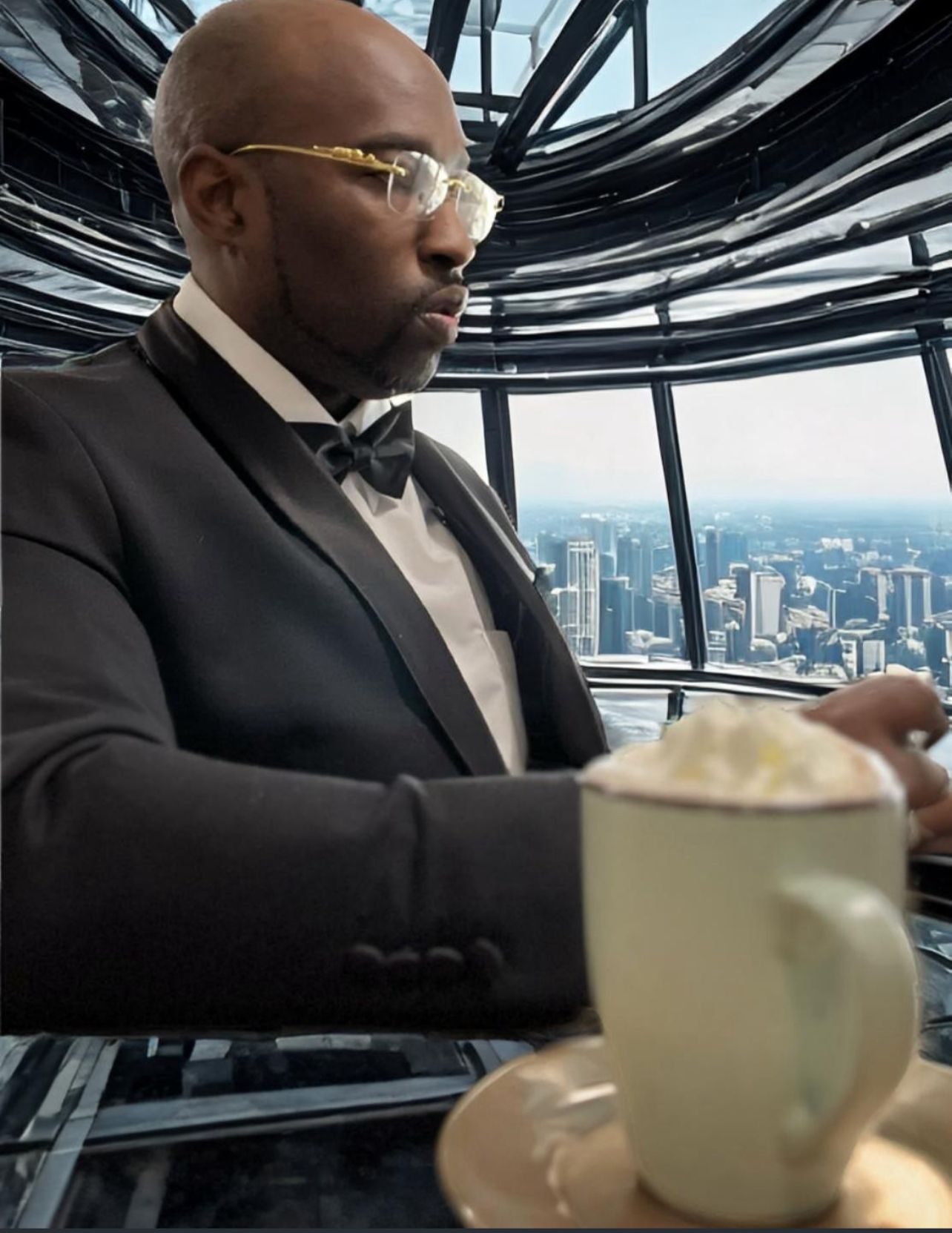 A man in a tuxedo sits at a table with a cup of coffee