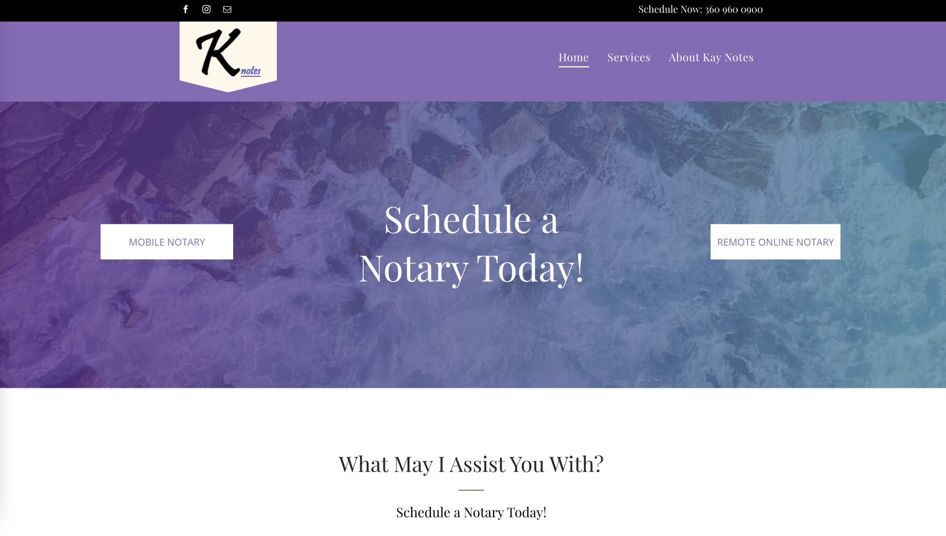 A website for a notary that says schedule a notary today