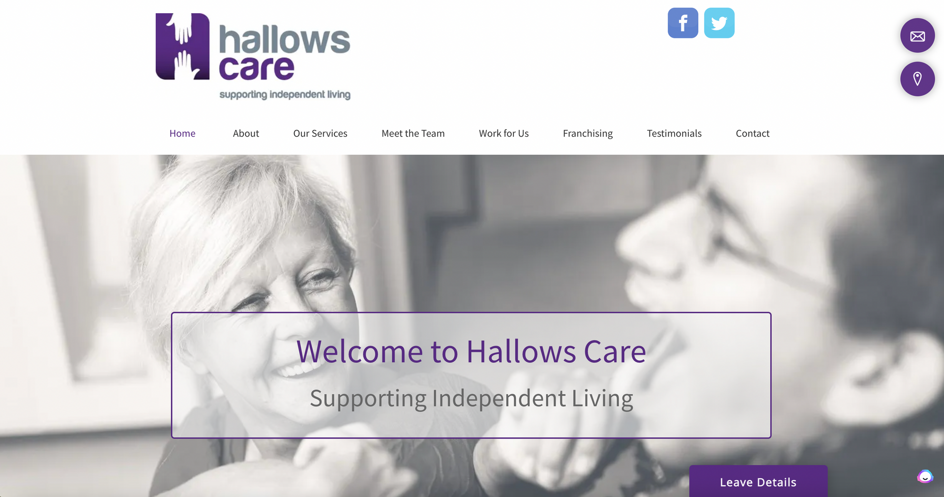 The website for hallows care shows a man feeding an elderly woman.