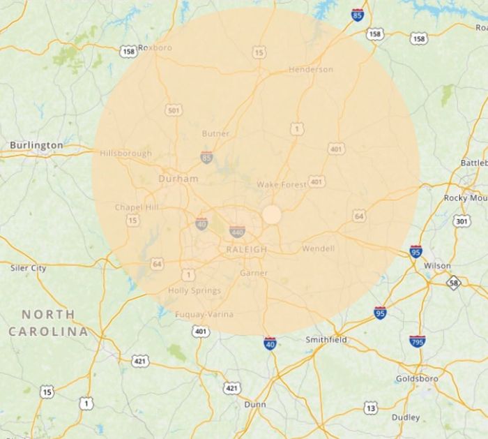 A map of north carolina with a circle in the middle.