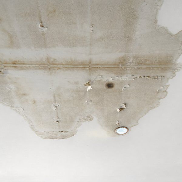 Water-damaged ceiling with peeling paint, showing brown staining and several holes.
