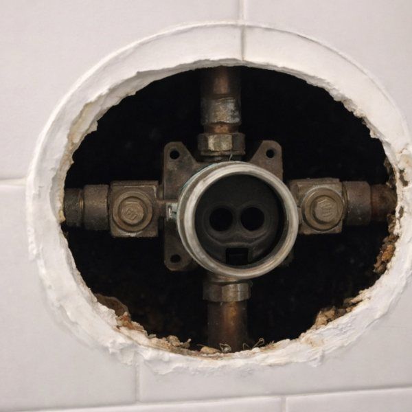 Shower valve in a wall, surrounded by a round hole. Metal pipes and fixture visible.
