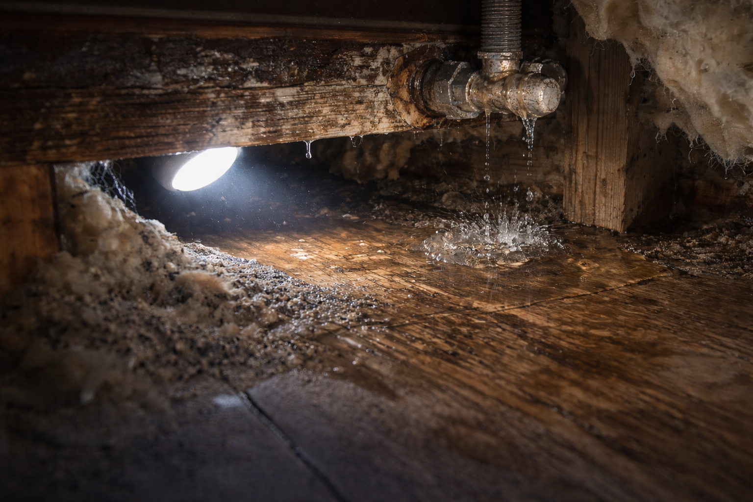 Water drips from a pipe in an attic, creating a puddle on wooden boards.