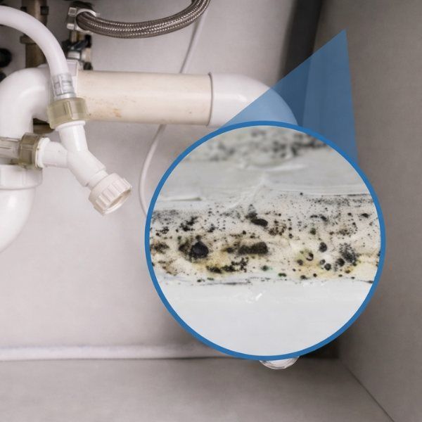 Mold under a sink, with a close-up circle showing black and gray growth.