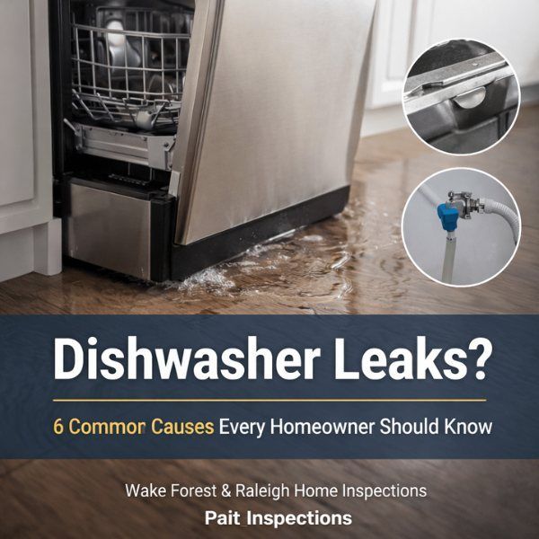 Dishwasher leaking onto floor. Ad for home inspections in Wake Forest and Raleigh, NC.
