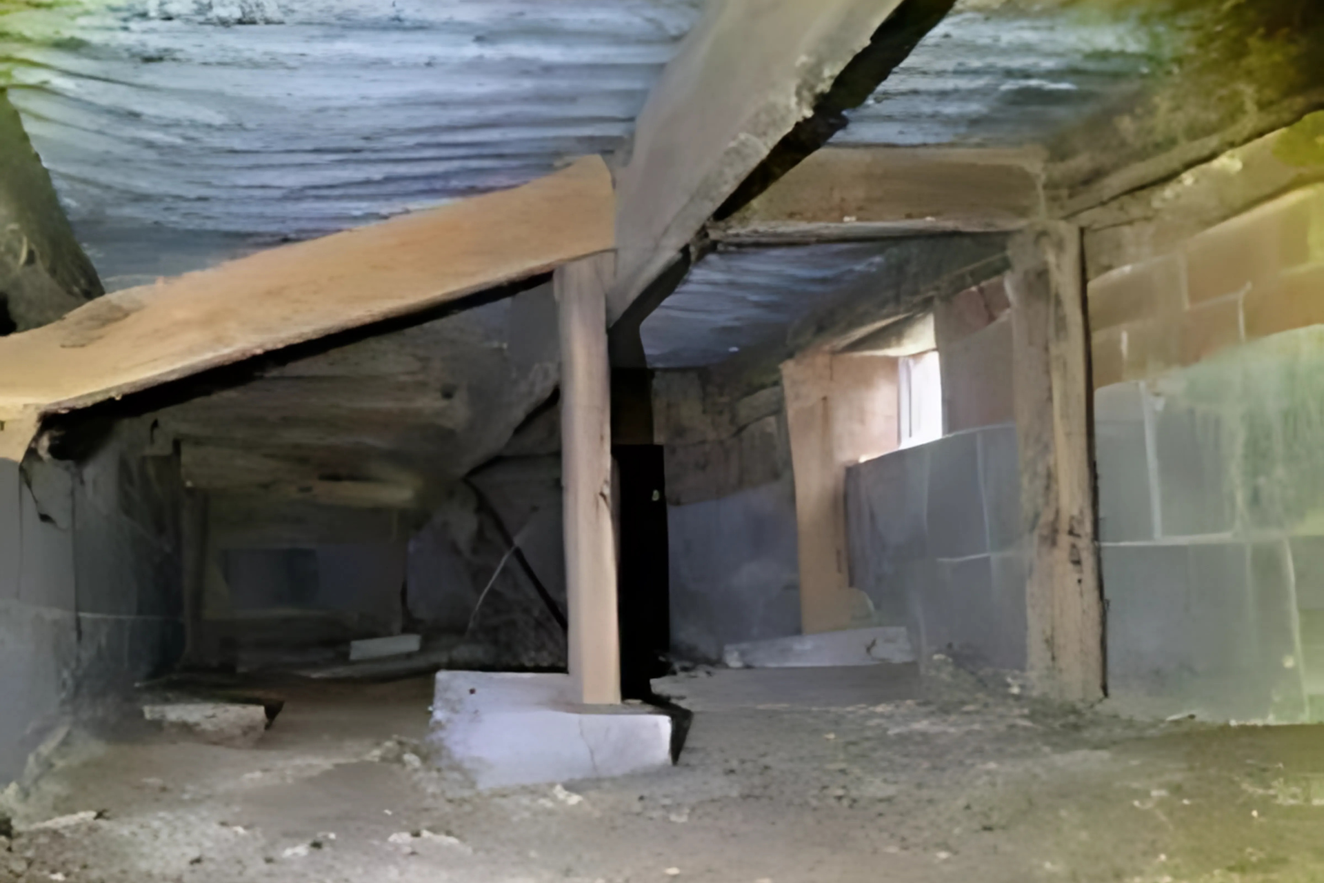 A basement with a wooden floor and a brick wall.