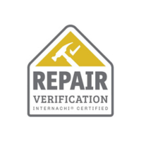 A logo for repair verification with a hammer and check mark