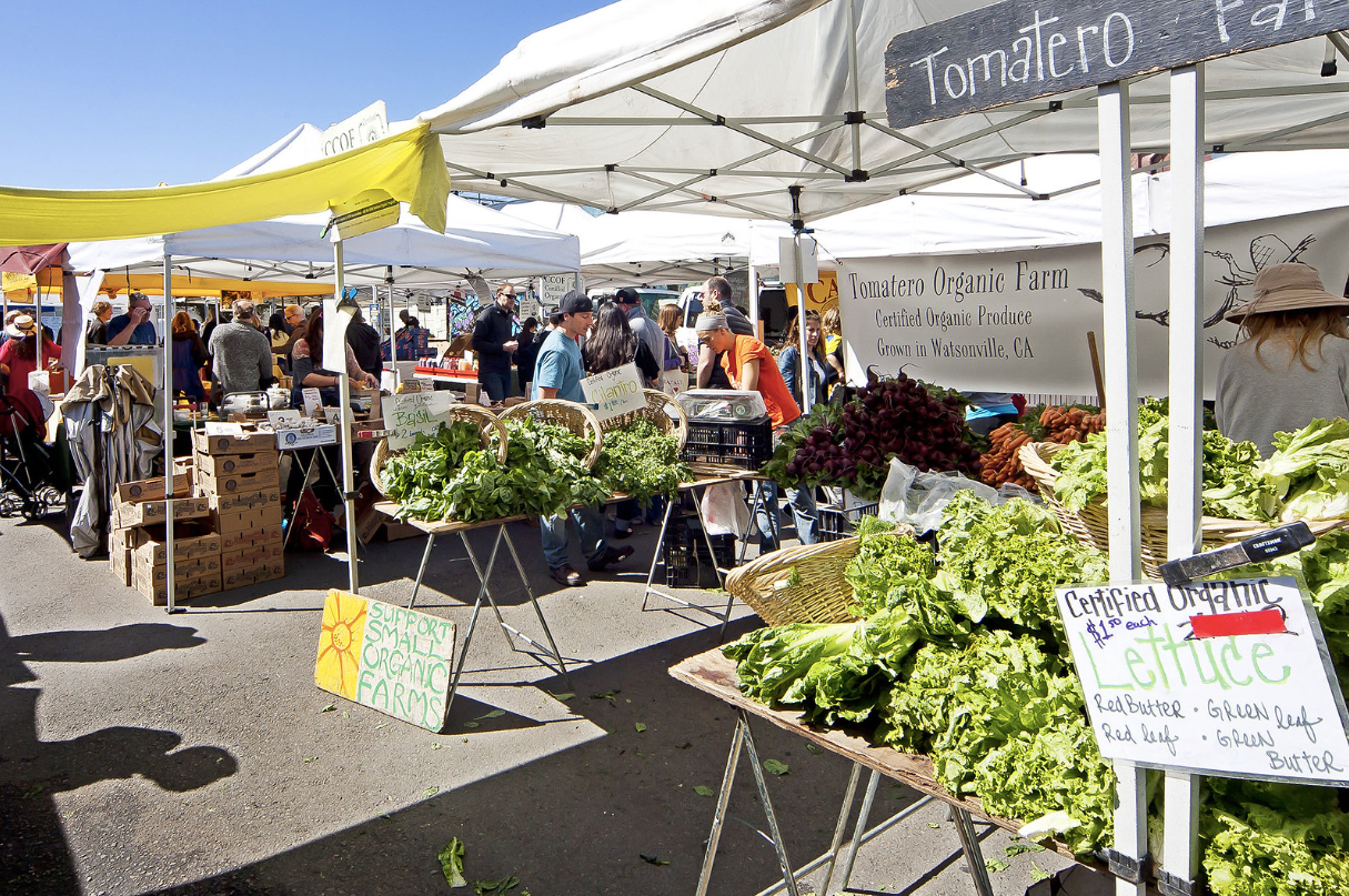 Outdoor farmers market with white canopies, produce stands, and shoppers on a sunny day