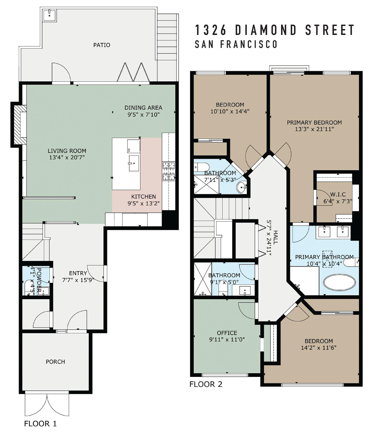 Floor plan of a San Francisco house at 1326 Diamond Street, showing two layouts with labeled rooms and stairs