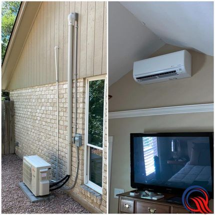 Person working on an outdoor air conditioning unit, connecting pipes.