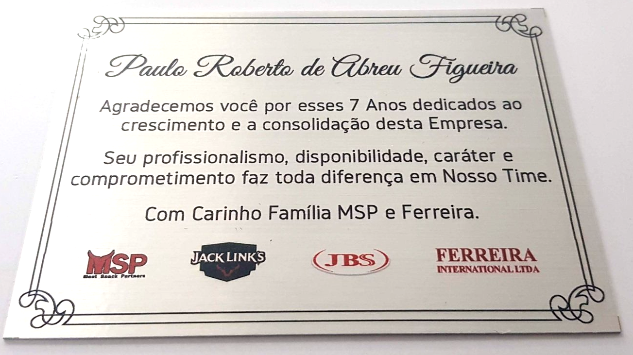placa de homenagem, em alumínio personalizado