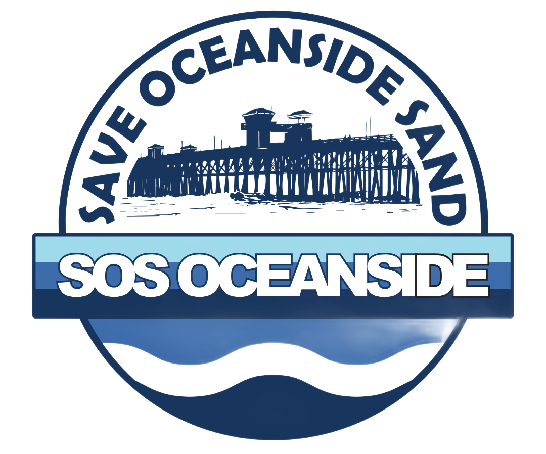 Logo reading “Save Oceanside Sand” above a blue pier silhouette and “SOS OCEANSIDE” banner.