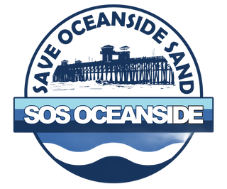 Logo reading “Save Oceanside Sand” above a blue pier silhouette and “SOS OCEANSIDE” banner.
