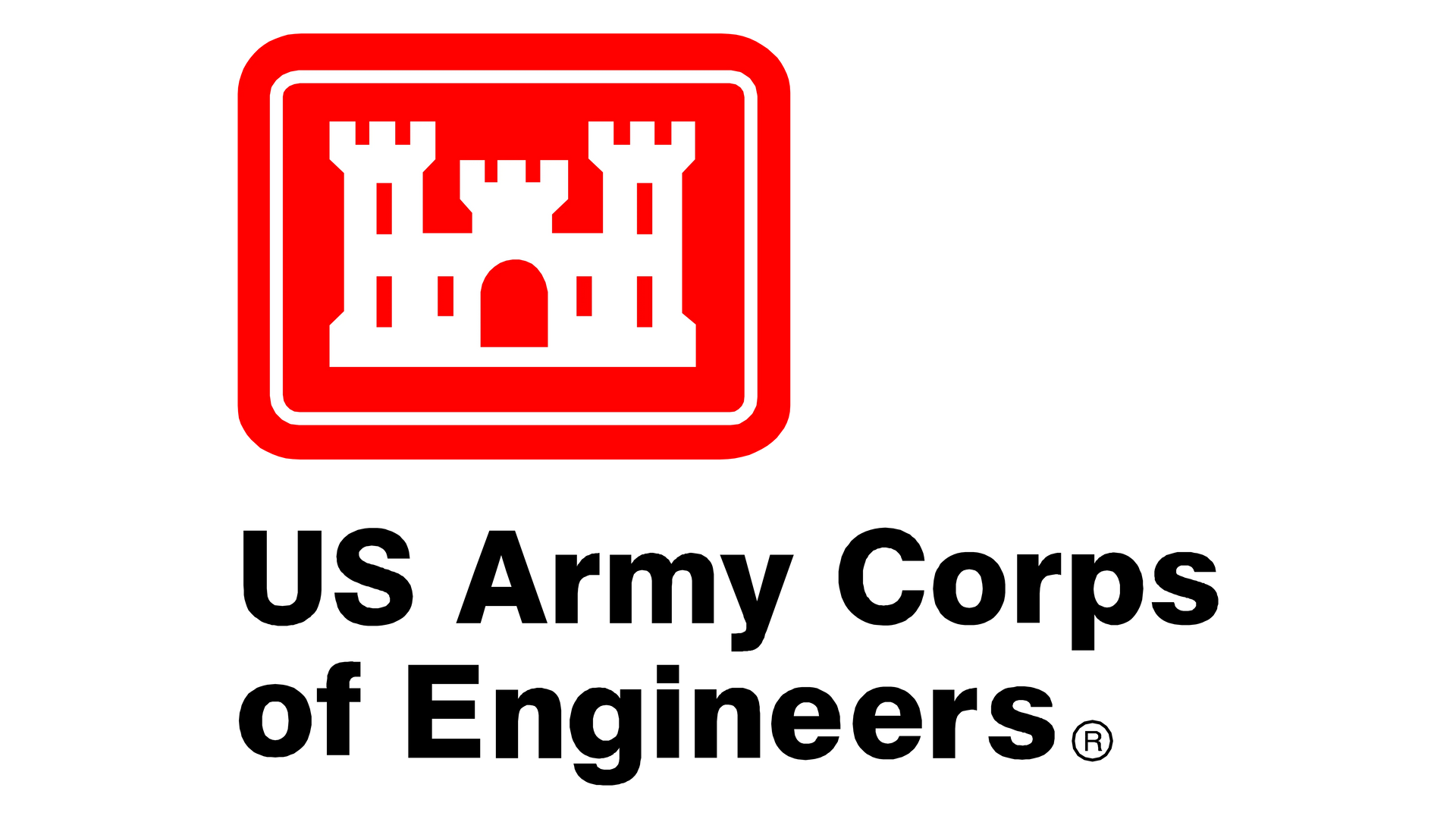 US Army Corps of Engineers logo with red castle emblem and black text on white background