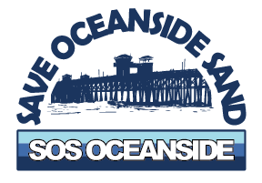 Logo reading “Save Oceanside Sand” above a blue pier silhouette and “SOS OCEANSIDE” banner.