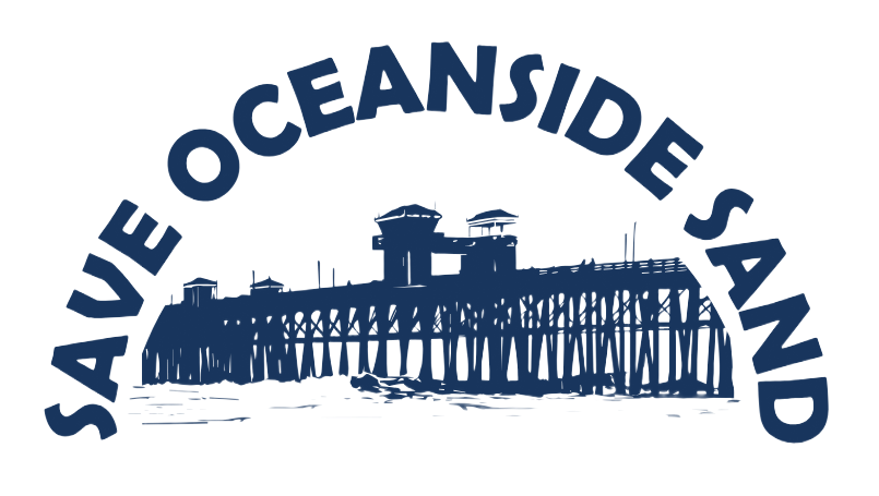 Logo reading “Save Oceanside Sand” above a blue pier silhouette and “SOS OCEANSIDE” banner.