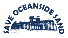 Logo reading “Save Oceanside Sand” above a blue pier silhouette and “SOS OCEANSIDE” banner.