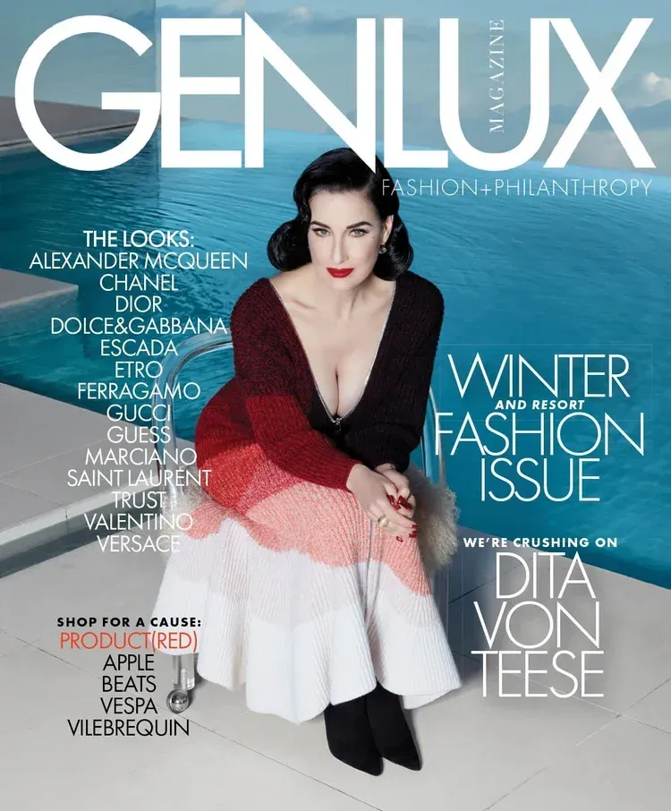 Genlux magazine cover with a model in a red, white, and black dress for the winter fashion issue