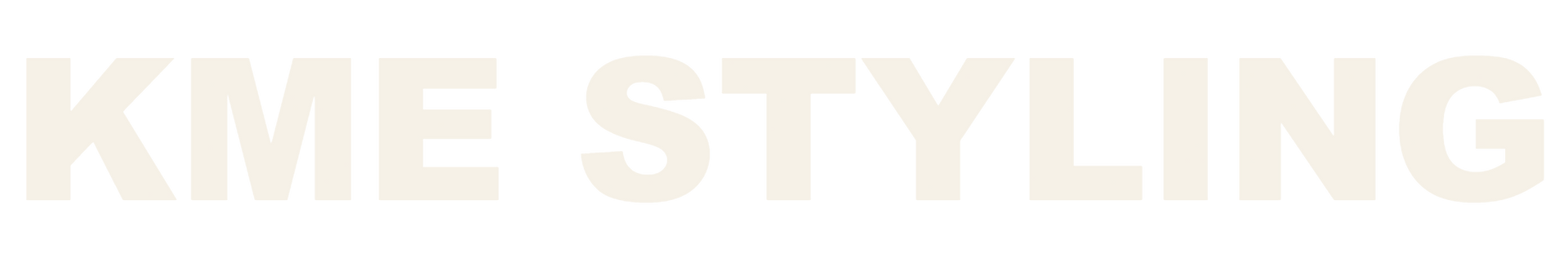 Pale beige “KME STYLING” text on a white background.