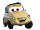 Un'auto Fiat 500 gialla con occhi marroni e un sorriso, che ricorda un simpatico personaggio dei cartoni animati.