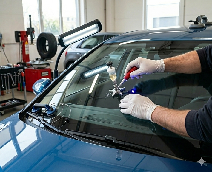 Meccanico ripara una crepa sul parabrezza con attrezzi specializzati in un'officina di riparazione auto.
