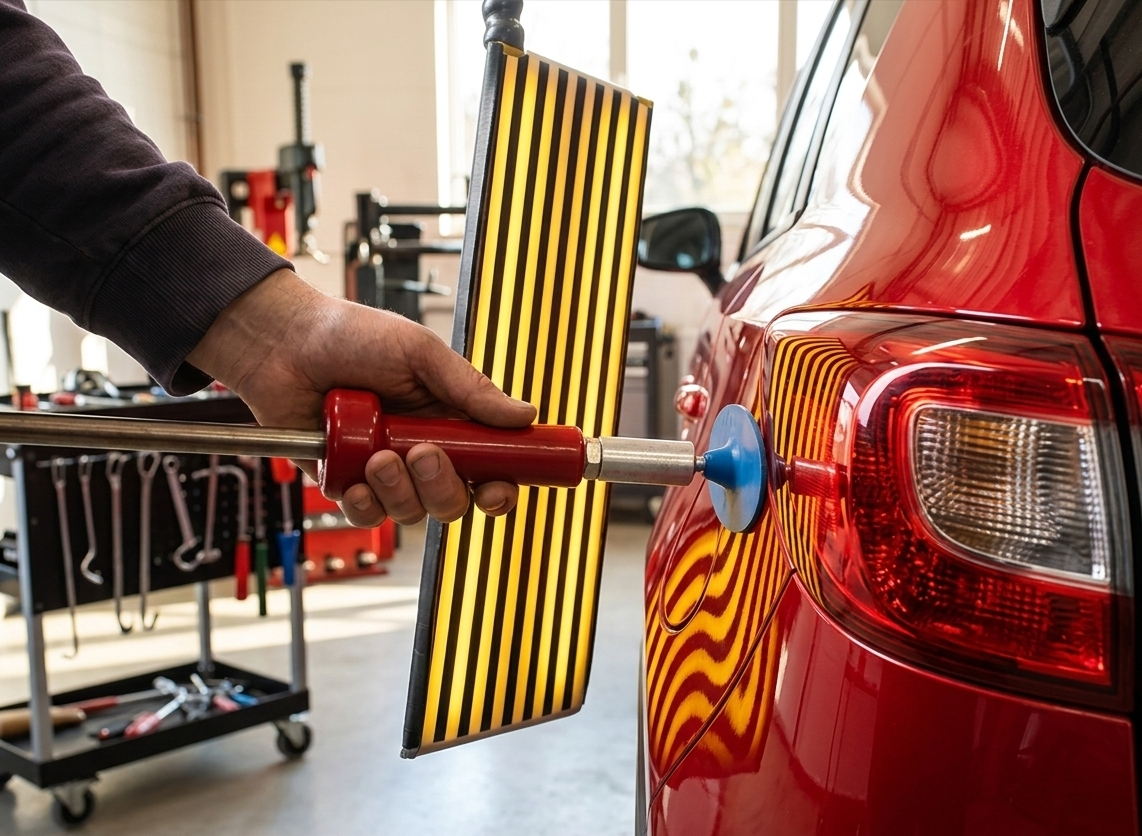 Una persona utilizza uno strumento per rimuovere le ammaccature sul pannello posteriore di un'auto rossa.