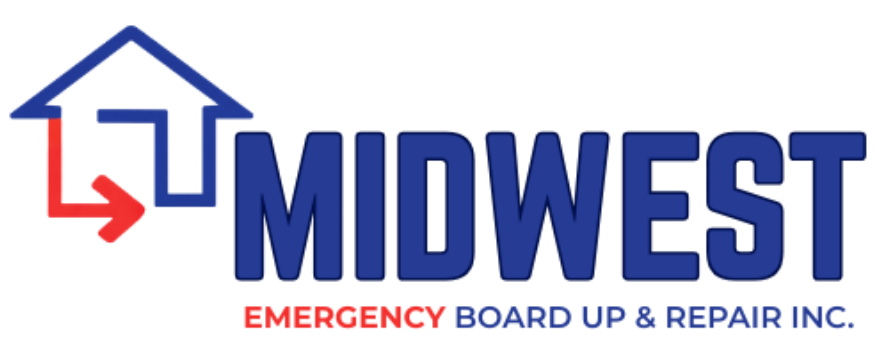 Logo for Midwest Emergency Board Up and Repair, with a house icon, boards, and shield.