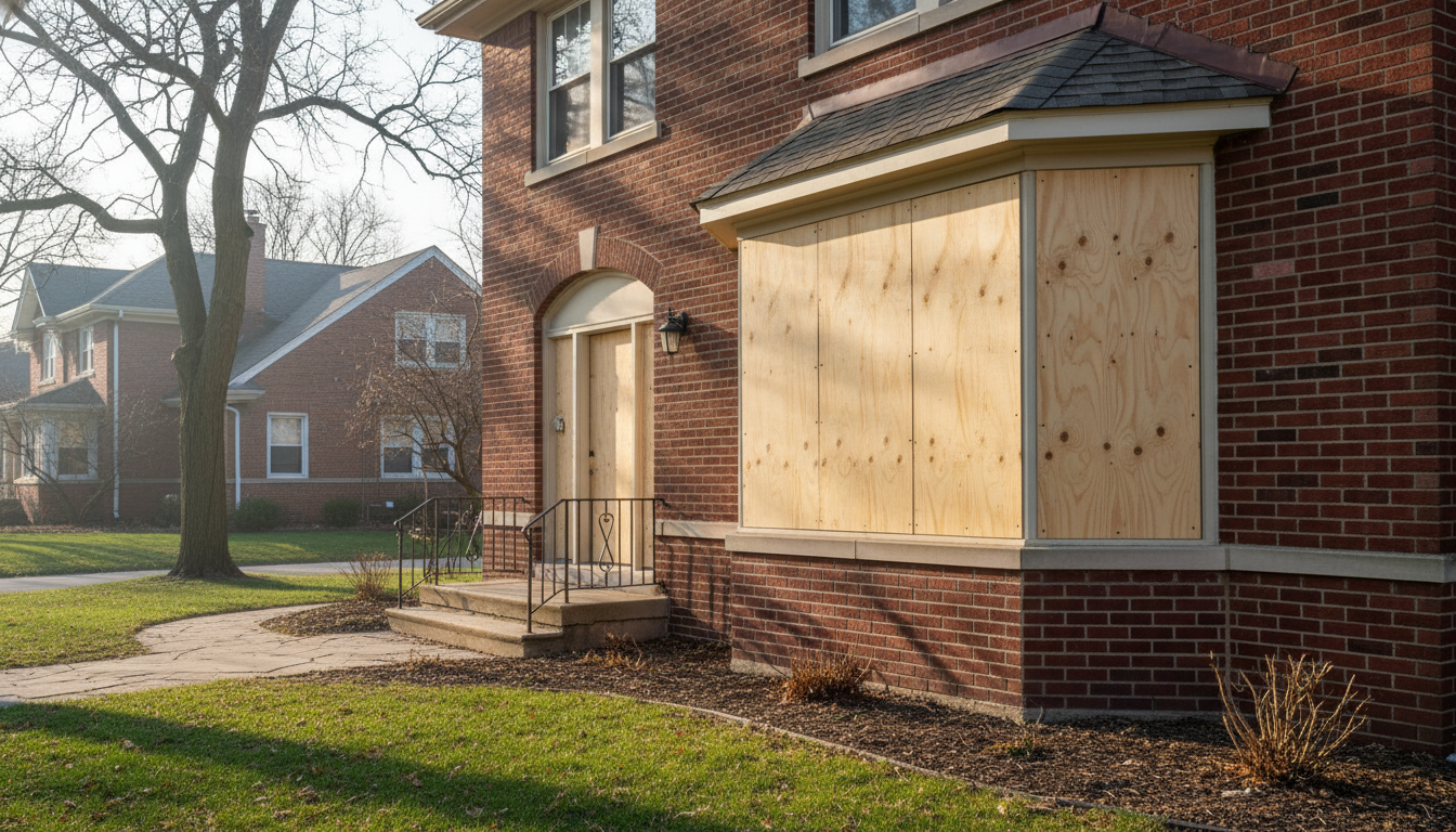 Brick house with boarded-up window, entryway, and lawn; another house in background.
