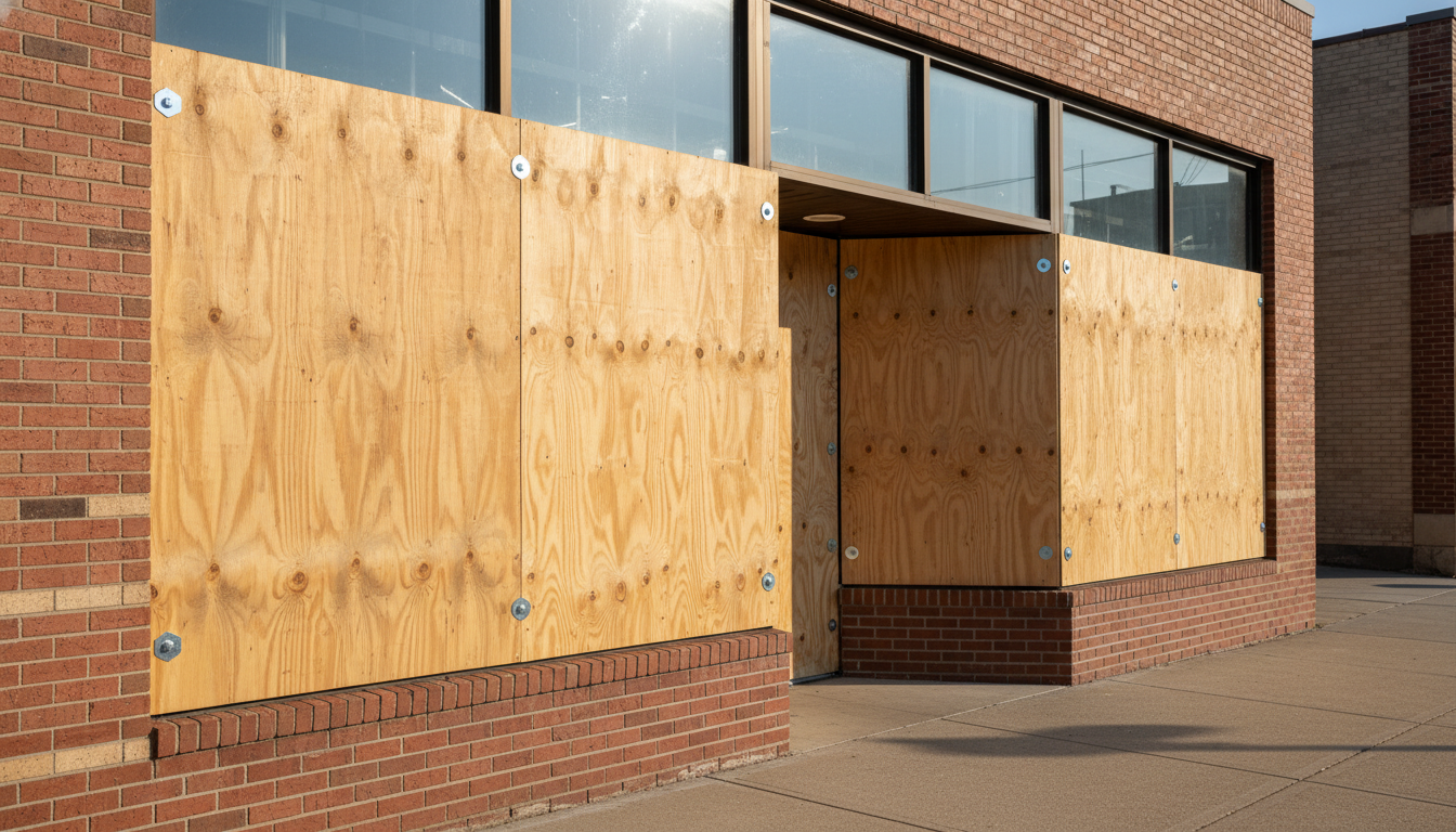 Storefront windows boarded up with plywood. Red brick building.