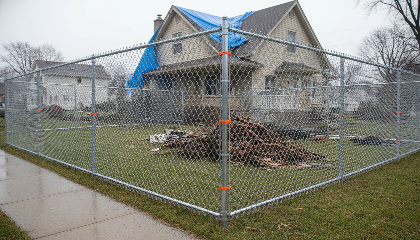 A house behind a chain-link fence, tarp on the roof, debris in the yard, overcast day.