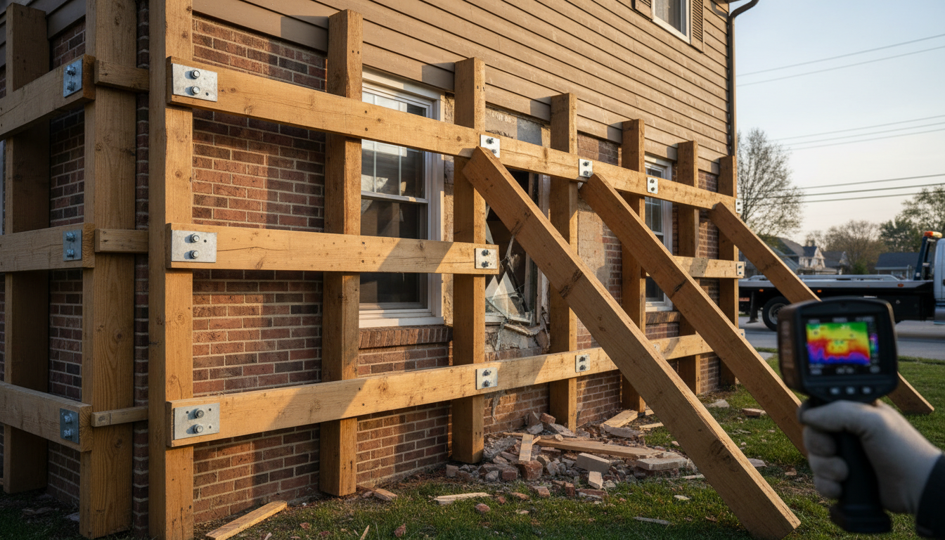 Exterior house wall with wooden support structure; thermal camera shows heat signature.