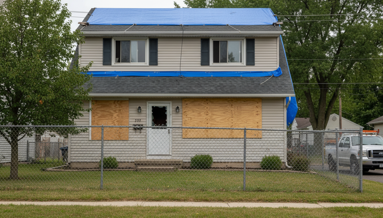 House with boarded-up windows, blue tarp on roof, and chain-link fence.