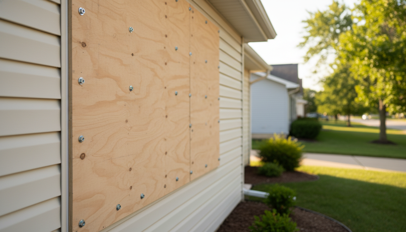 Plywood covers a house window, secured with bolts, likely for storm protection.