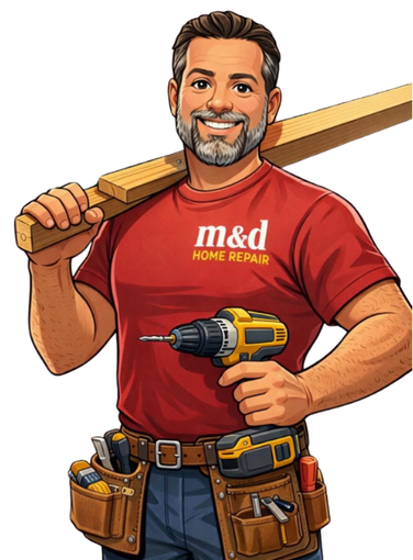 Smiling home repair worker in red shirt, holding a drill and wooden plank, with tool belt on a white background