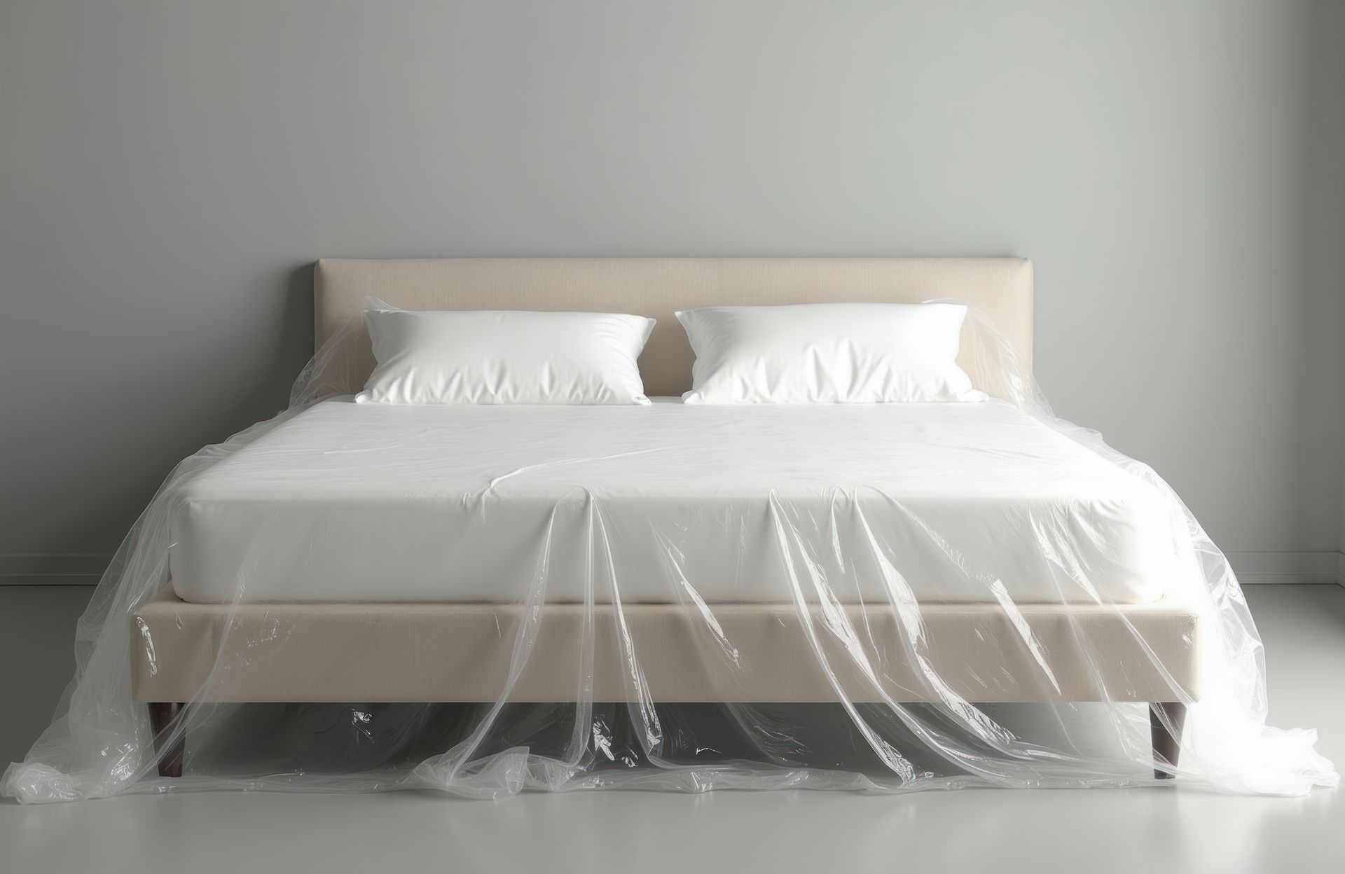 Photograph of a modern beige bed with white pillows and sheets covered in clear plastic wrap.