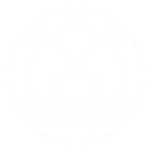 Un logotipo circular blanco con dos tijeras cruzadas sobre un estante o mesa, rodeado por un borde de pequeñas estrellas.