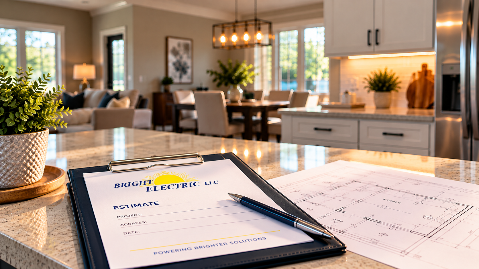 Kitchen counter with clipboard and paperwork in a bright modern home kitchen