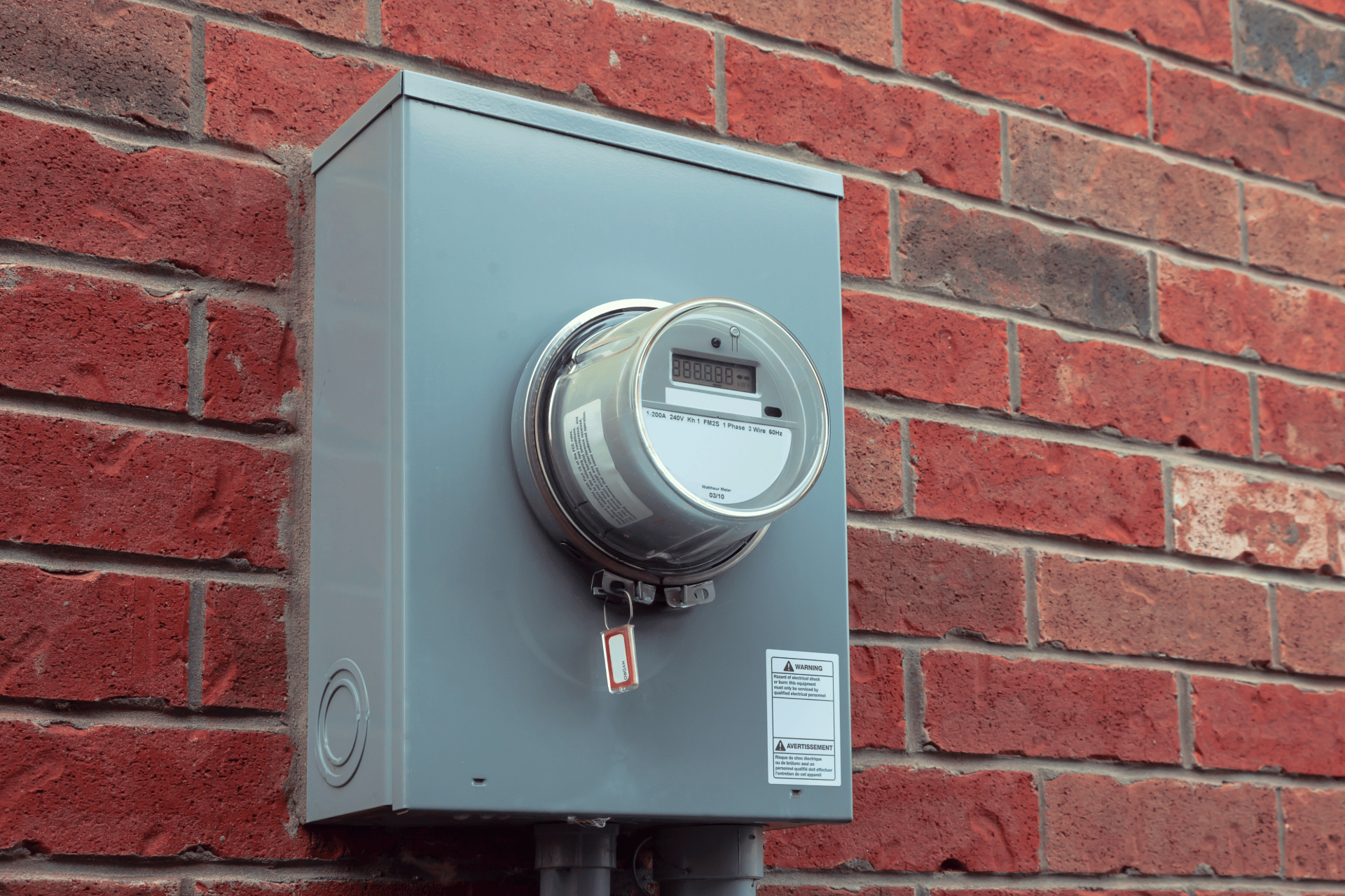 Electric utility meter box mounted on a red brick wall