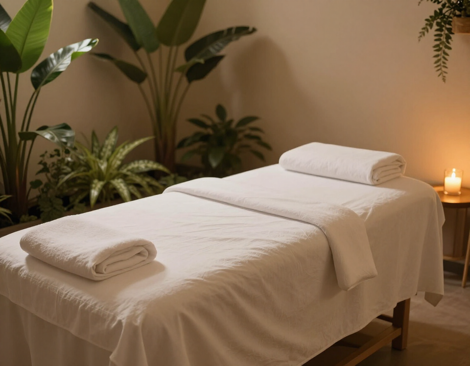 Massage table with white linens in a calm spa room, surrounded by plants and warm candlelight