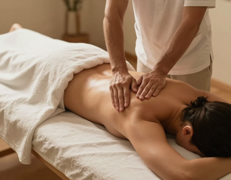 Massage therapist giving a back massage to a client on a treatment table
