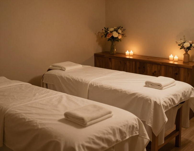 Two massage tables with folded towels in a softly lit spa room