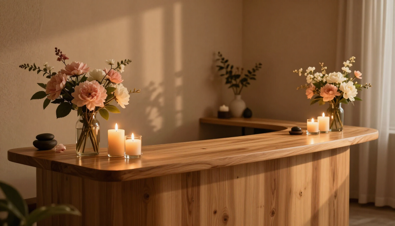 Wooden reception table with candles and pink-white flower arrangements in a warm, elegant room