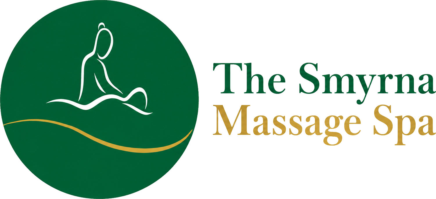 The Smyrna Massage Spa logo with a green circle and stylized figure, beside green and gold text