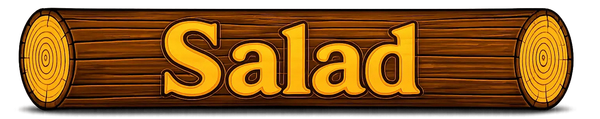 Wooden sign reading “Salad” in brown and gold lettering