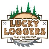 Lucky Loggers Family Restaurant logo with pine trees and Saco, Maine text