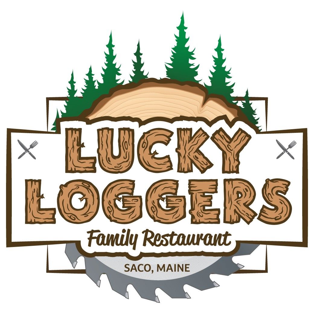 Lucky Loggers Family Restaurant logo with pine trees and Saco, Maine text