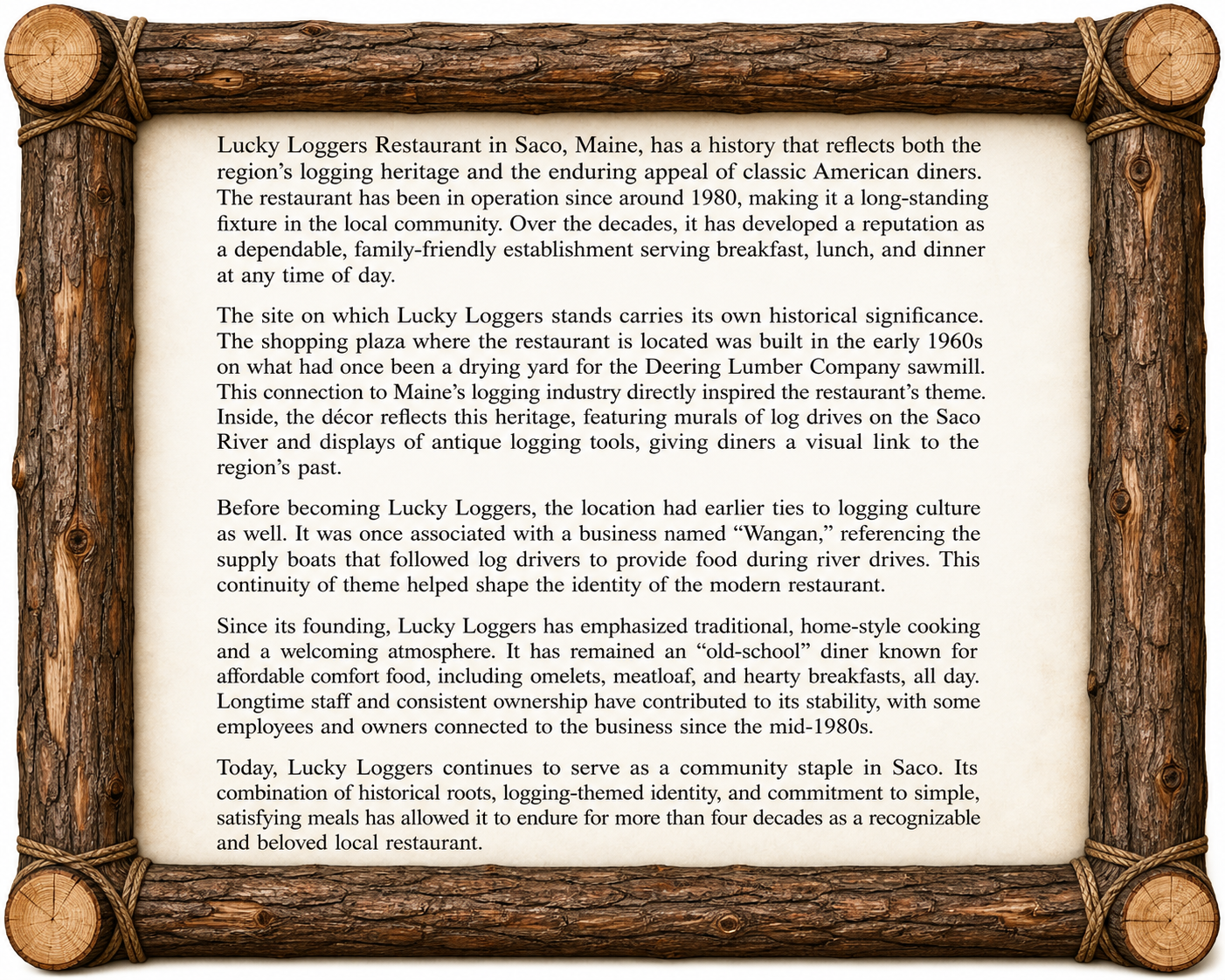 Lucky Loggers Restaurant in Saco, Maine, has a history that reflects both the region’s logging heritage and the enduring appeal of classic American diners. The restaurant has been in operation since around 1980, making it a long-standing fixture in the local community. Over the decades, it has developed a reputation as a dependable, family-friendly establishment serving breakfast, lunch, and dinner at any time of day.
The site on which Lucky Loggers stands carries its own historical significance. The shopping plaza where the restaurant is located was built in the early 1960s on what had once been a drying yard for the Deering Lumber Company sawmill. This connection to Maine’s logging industry directly inspired the restaurant’s theme. Inside, the décor reflects this heritage, featuring murals of log drives on the Saco River and displays of antique logging tools, giving diners a visual link to the region’s past.
Before becoming Lucky Loggers, the location had earlier ties to logging culture as well. It was once associated with a business named “Wangan,” referencing the supply boats that followed log drivers to provide food during river drives. This continuity of theme helped shape the identity of the modern restaurant.
Since its founding, Lucky Loggers has emphasized traditional, home-style cooking and a welcoming atmosphere. It has remained an “old-school” diner known for affordable comfort food, including omelets, meatloaf, and hearty breakfasts, all day. Longtime staff and consistent ownership have contributed to its stability, with some employees and owners connected to the business since the mid-1980s.
Today, Lucky Loggers continues to serve as a community staple in Saco. Its combination of historical roots, logging-themed identity, and commitment to simple, satisfying meals has allowed it to endure for more than four decades as a recognizable and beloved local restaurant.