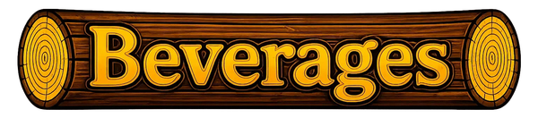 Wooden sign with the word “Beverages” in gold lettering on a brown log background.
