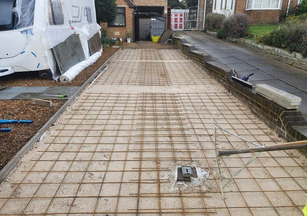 Steel rebar grid laid out before concrete is poured for a driveway in Rotherham